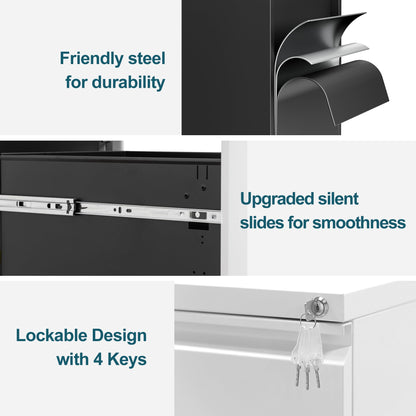 LVSTEEL Mobile Filing Cabinet, Lockable 3 Drawers with Suspension File Hanging Rails, With 4 Keys