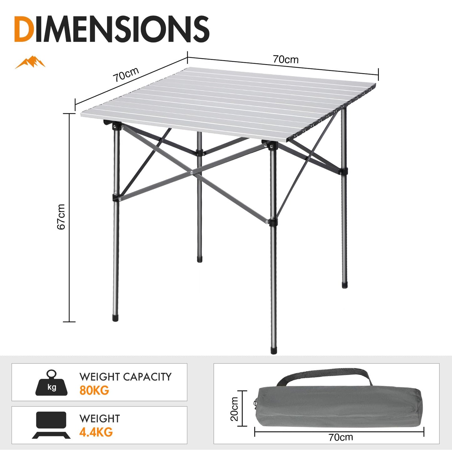 Portal Aluminium Folding Camping Table Square Roll Up Top 4 Person Compact Garden Table with Carry Bag for Picnic Camp Backyard BBQ, Silver
