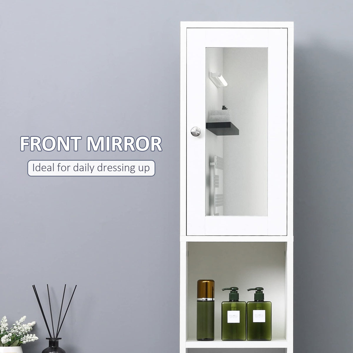 kleankin Tall Bathroom Storage Cabinet Mirrored Tallboy Cabinet White