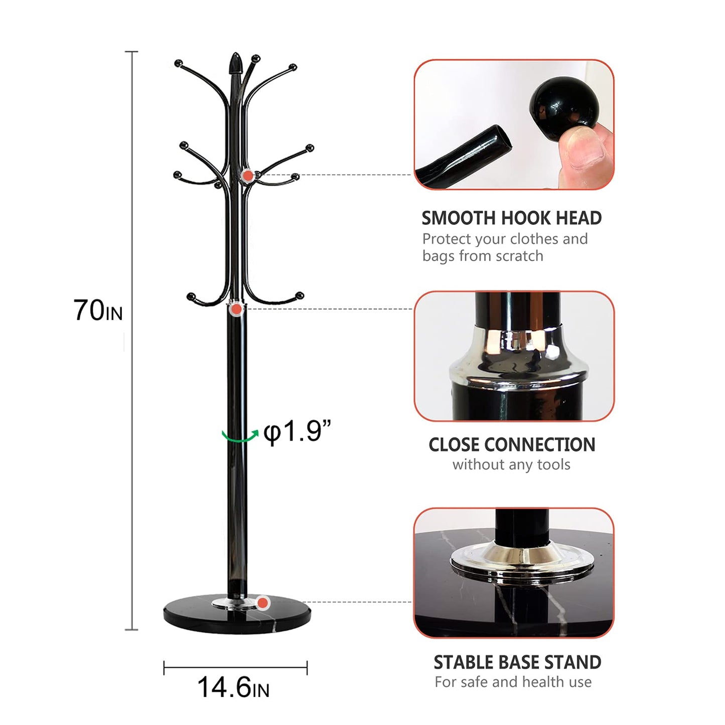 Kertnic Metal Coat Rack Stand with Natural Marble Base, Free Standing Hall Tree with 12 Hooks for Hanging Scarf, Bag, Jacket