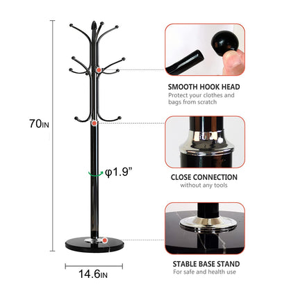 Kertnic Metal Coat Rack Stand with Natural Marble Base, Free Standing Hall Tree with 12 Hooks for Hanging Scarf, Bag, Jacket