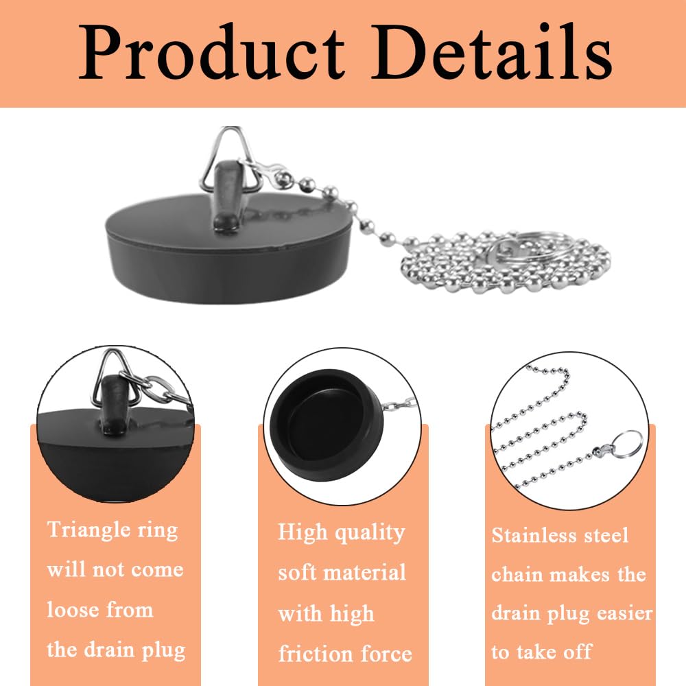 Lxtness 3 Pcs Universal Rubber Bath Plug and Chain - Bathroom Sink Plug Drain Stopper 45mm with Stainless Steel S Hook Chain 400mm Length