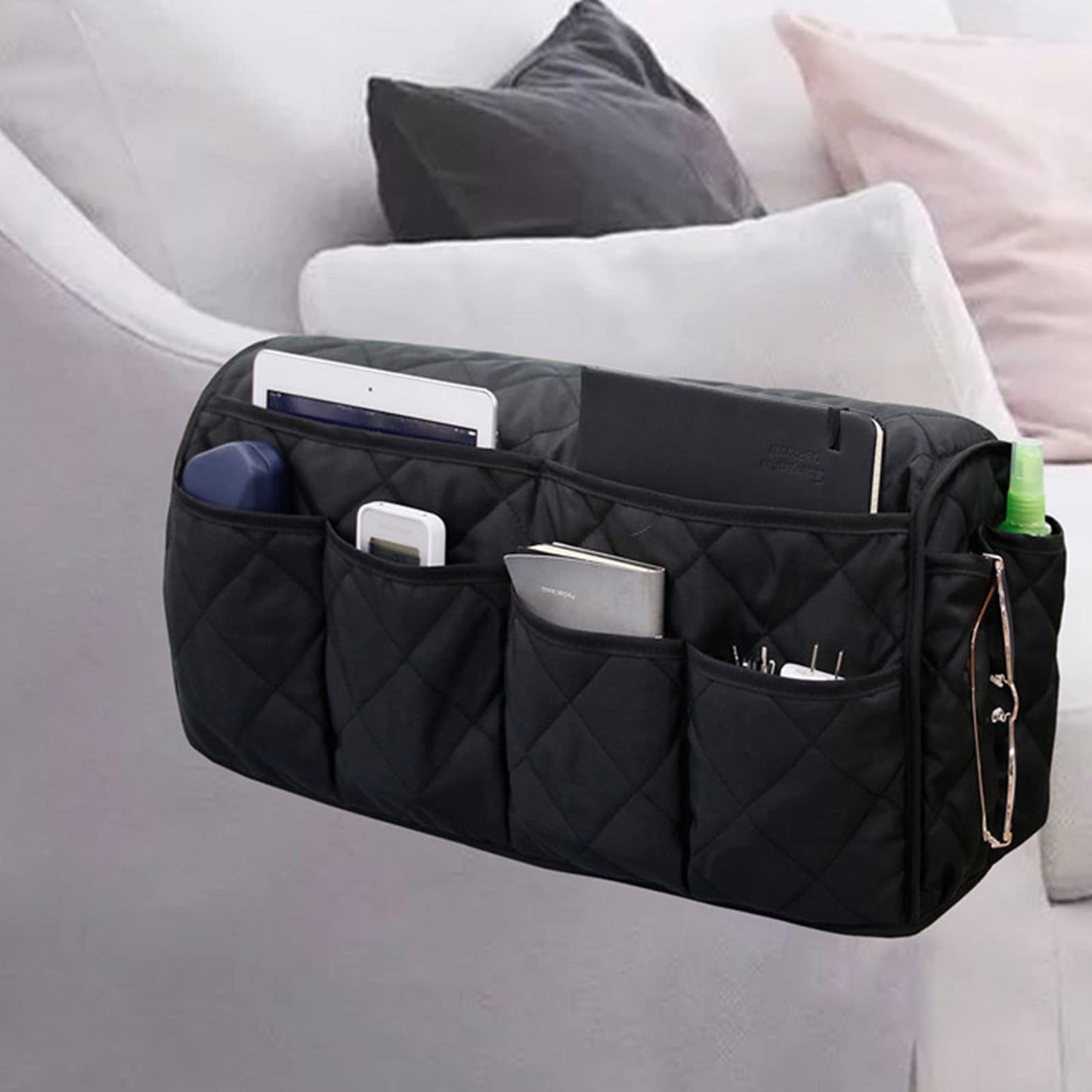 Sofa Armrest Organizer Waterproof Arm Rest Storage Bag Anti-Slip Couch Bedside Armchair Caddy Recliner Arm Protector Cover with 14 Pockets for Remote