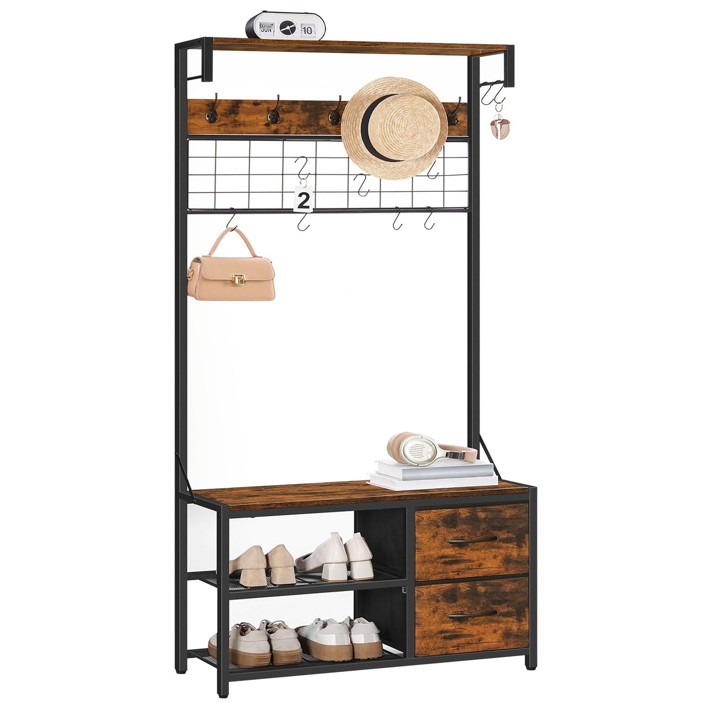 HOOBRO Coat Rack with Shoe Storage Bench, Coat Stand with Hooks and 2 Drawers, 4-in-1 Design, Coat and Shoe Rack, for Hallway, Entryway, Living Room