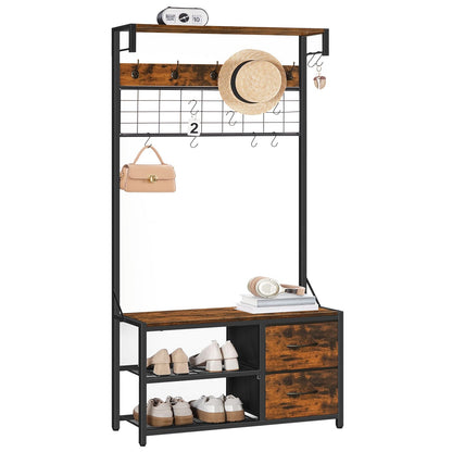 HOOBRO Coat Rack with Shoe Storage Bench, Coat Stand with Hooks and 2 Drawers, 4-in-1 Design, Coat and Shoe Rack, for Hallway, Entryway, Living Room