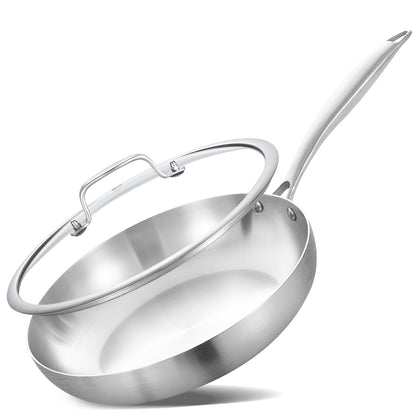 Inqibee 26 CM Tri-Ply Stainless Steel Frying Pan with Lid,Small Saut Pan,Skillet,Induction Cooking Pan,Dishwasher and Oven Safe