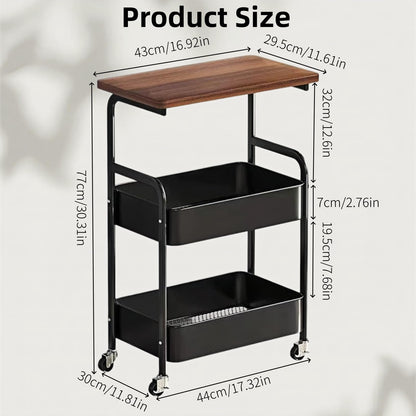 3 Tier Metal Rolling Utility Cart Organizer with Walnut Table Top, Stable and Sturdy Rolling Storage Carts with 2 Lockable Wheels for Kitchen