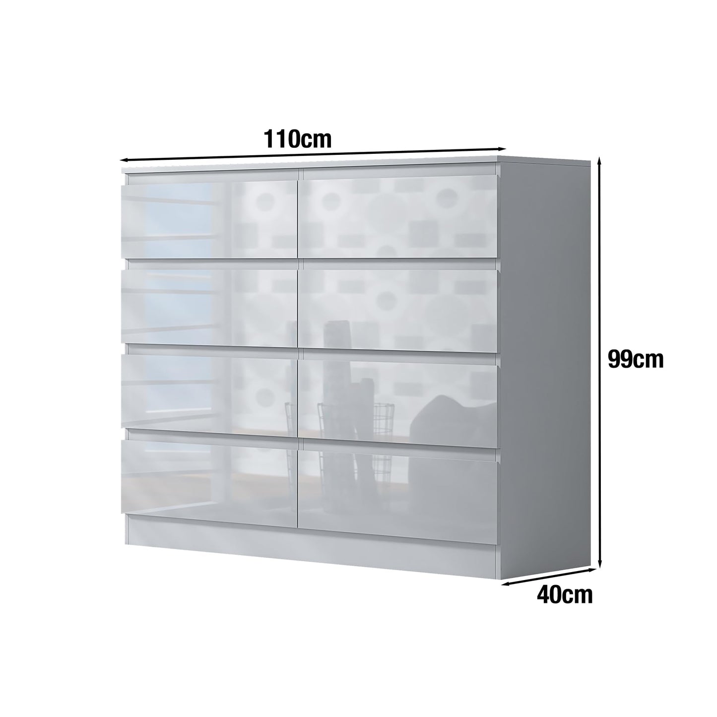 FWStyle White Gloss 8 Drawer Chest of Drawers with Matt White Frame, Scandinavian Handleless Bedroom Storage Furniture with Deep Drawers and Metal