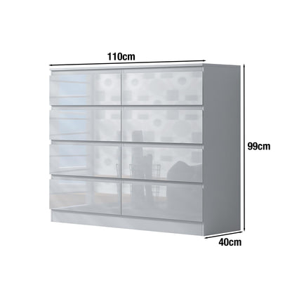 FWStyle White Gloss 8 Drawer Chest of Drawers with Matt White Frame, Scandinavian Handleless Bedroom Storage Furniture with Deep Drawers and Metal