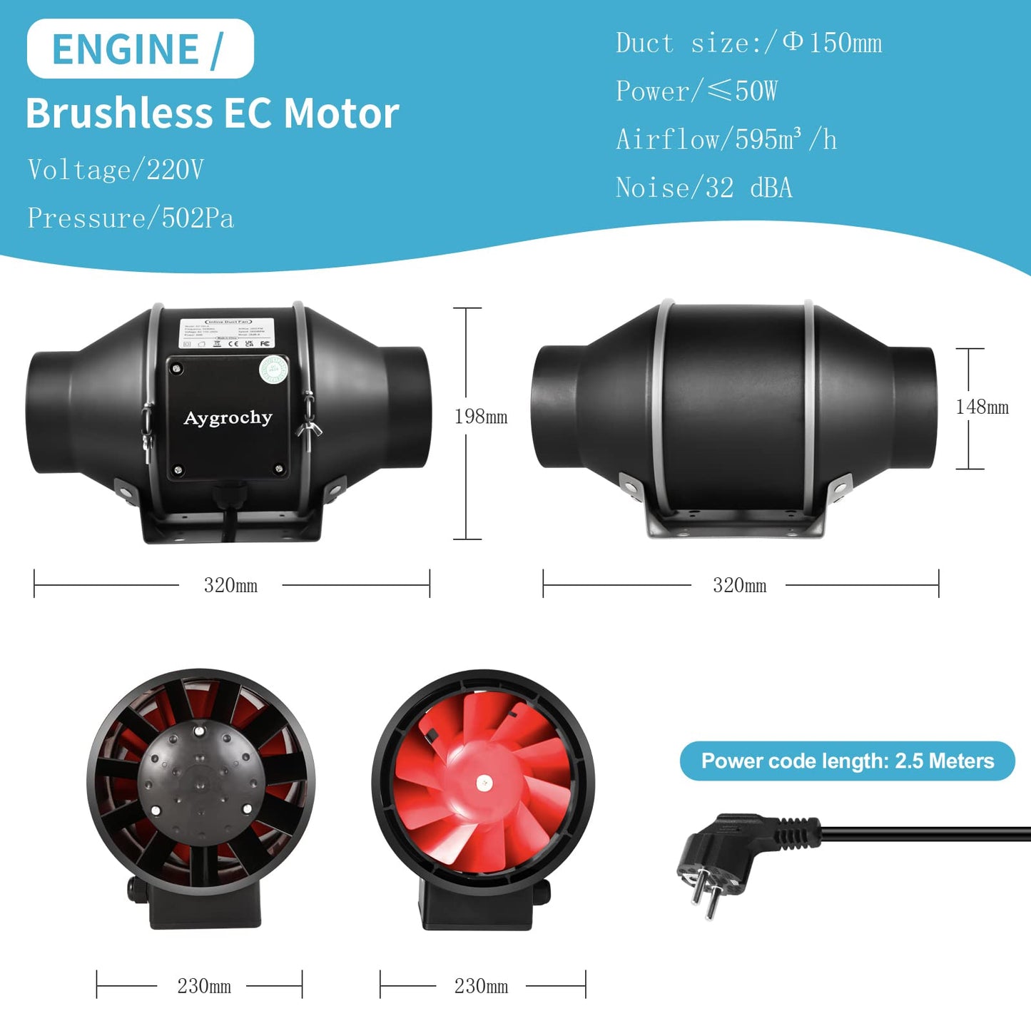 Aygrochy 6 inch Quiet Inline Duct Fan with Variable Speed Controller - Ventilation Exhaust Fan Using for Heating Cooling Booster, Grow Tents,