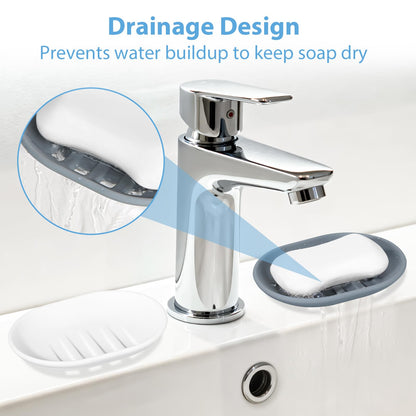 Silicone Soap Dishes, 2pcs Soap Dish with Drainage, Non‑Slip and Portable Soap Tray, Bar Soap Holder for Shower, Bathroom, Kitchen - Grey & White