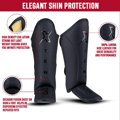 XTEN SPORTS Shin Guards Muay Thai, MMA, Gel Integrated Padding, Training Sparring, Boxing, Kickboxing, BJJ, Taekwondo Protective Gear, Matte Black, XL