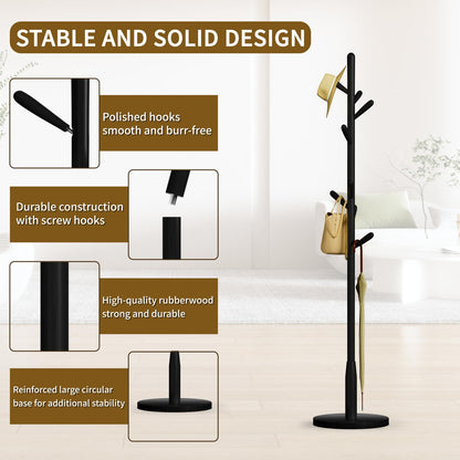 Awatiwa Solid Wood Round Base Coat Rack, Free Standing Hall Coat Tree with 8 Hooks（+2 spare for Coats, Hats, Bags, Purses, for Entryway, Hallway