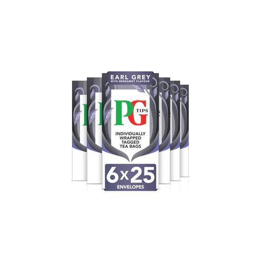 PG Tips Earl Grey Tea Bags, 150 Black Tea Enveloped Bags, Individually Wrapped, With Bergamot Flavour, Refreshing & Flavourful, Bulk Pack of 6
