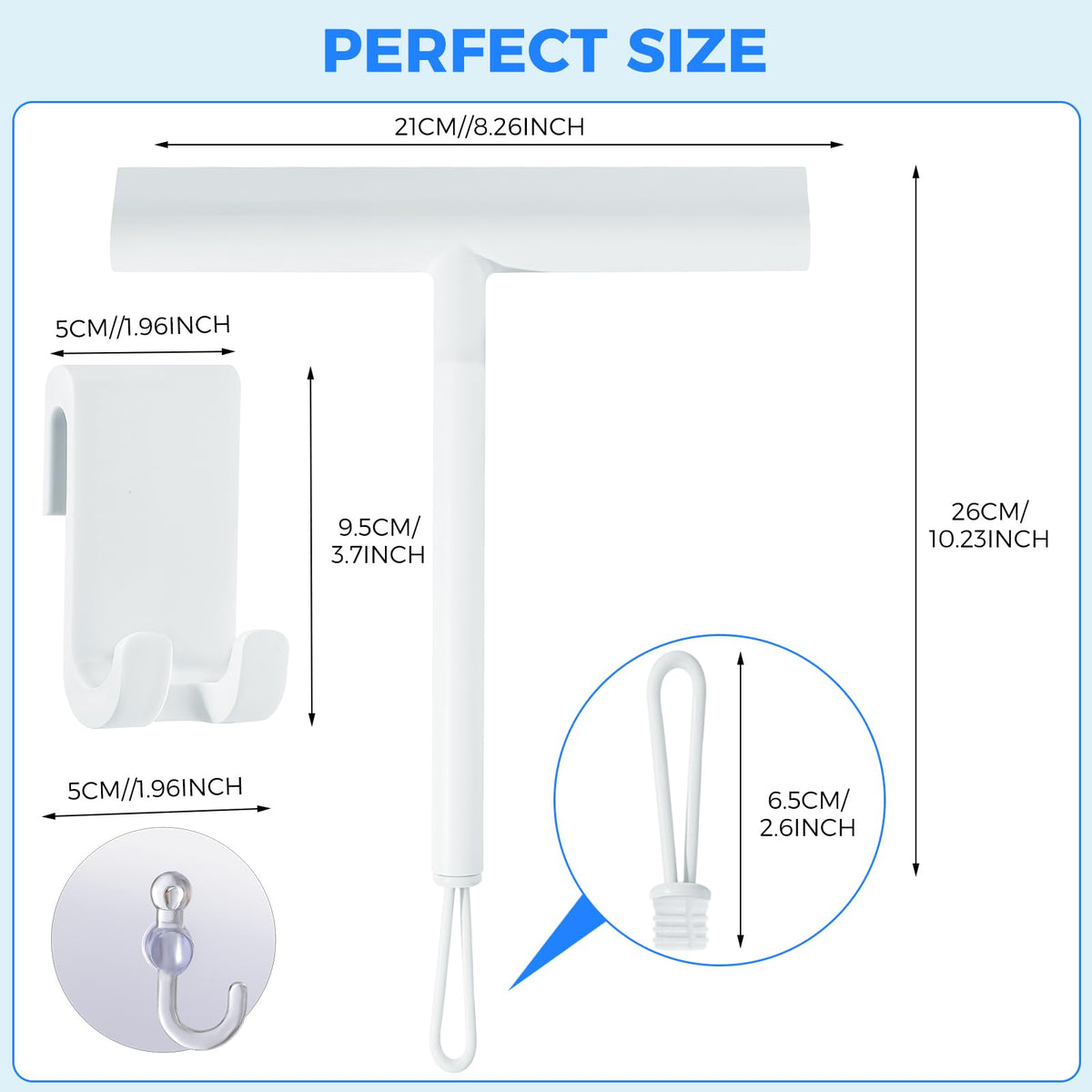 Thboxes Shower Squeegee, 8In Window Glass Silicone Scraper with Hook, White