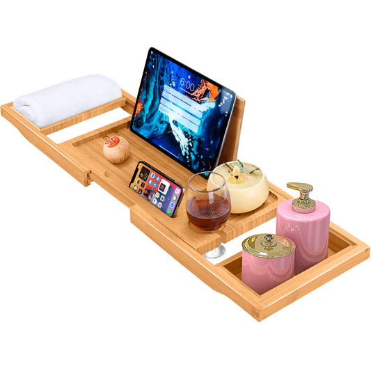 ADOV Bath Tray, Extendable Luxury Bamboo Wooden Bathtub Caddy with Integrated Holder for Book, Phone, Tablet, Candle, Soap, Towel, Wine Glass,