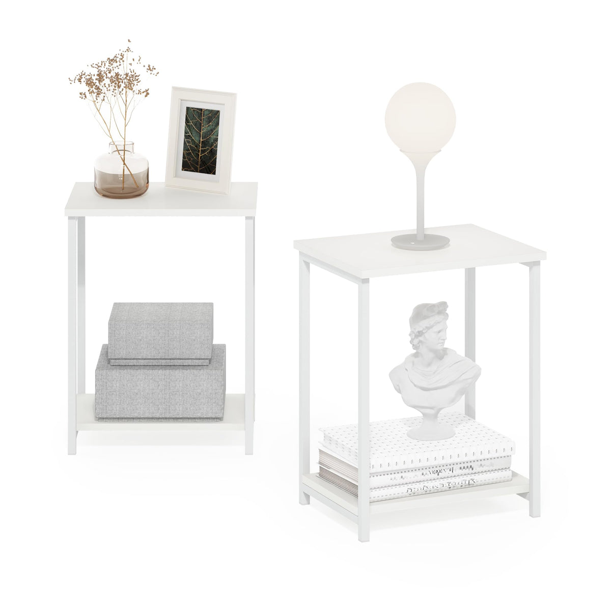 Furinno SIMPLISTIC Side Table Set of 2, 2-Tier Metal Frame End Table with Open Shelf, Night Stand, Bedside Table, for Living Room, Bedroom, White