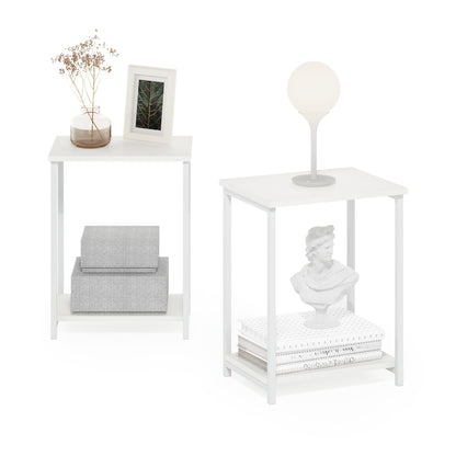 Furinno SIMPLISTIC Side Table Set of 2, 2-Tier Metal Frame End Table with Open Shelf, Night Stand, Bedside Table, for Living Room, Bedroom, White
