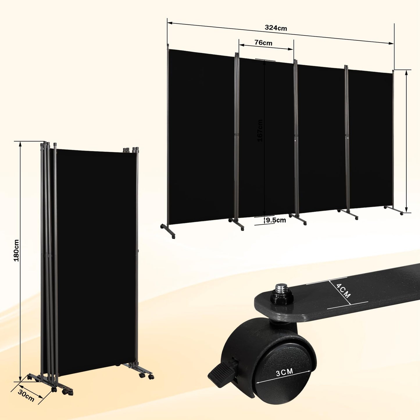 Angel Living 4 Panels Folding Room Divider, Privacy Screen Composed of Polyester Fabric and Sturdy Iron Frame