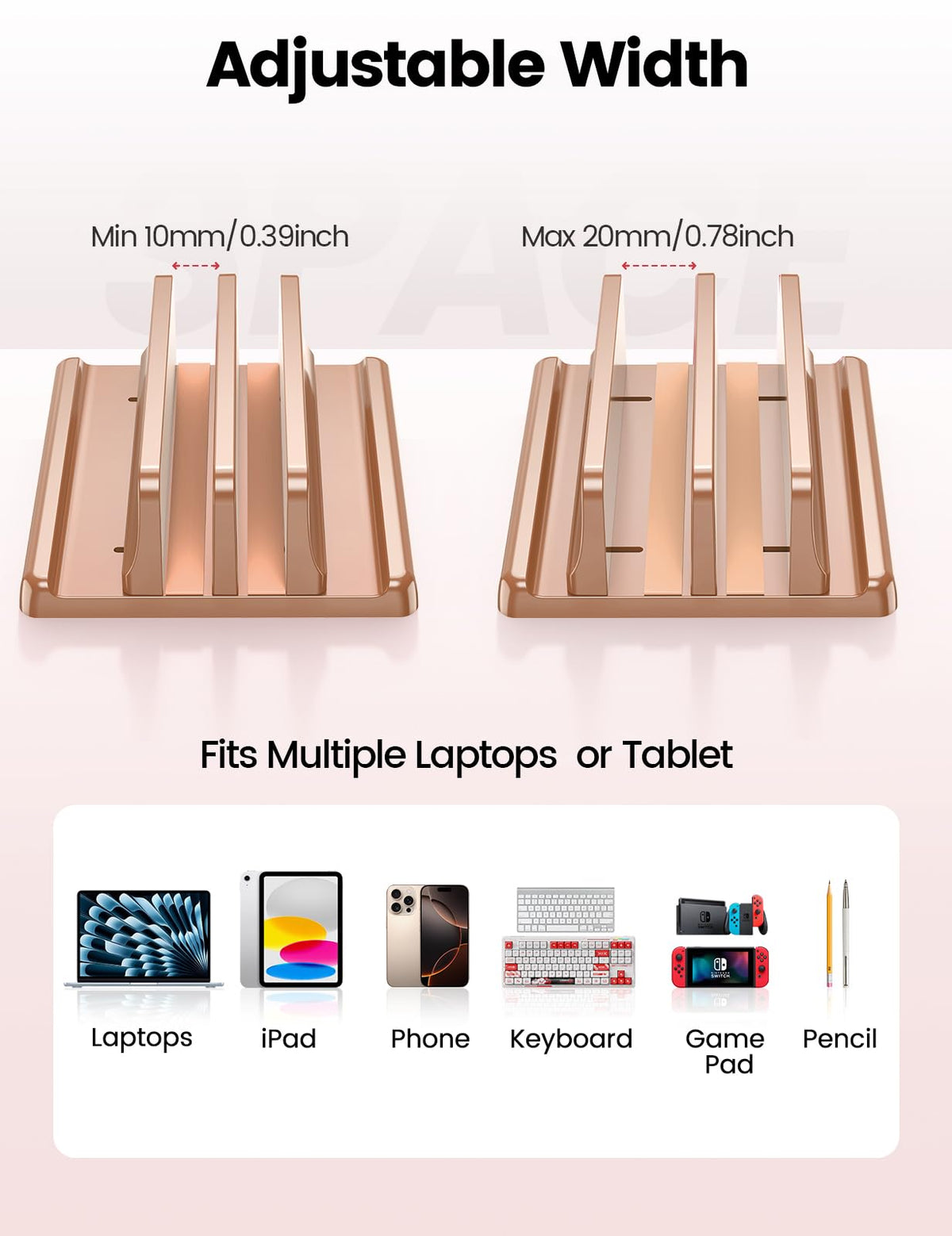 VAYDEER Vertical Laptop Stand, Adjustable, Rose Gold