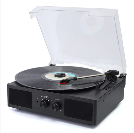 Hernido Vinyl Record Player, Belt-Driven 3-Speed Turntable, Bluetooth Speaker with Input & Output Function, Supports AUX-in, RCA Output, Headphone