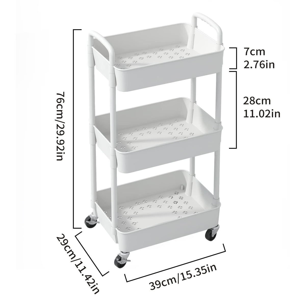 Sywhitta 3-tier Plastic Storage Trolley on Wheels, Kitchen Storage Utility Cart, Rolling Storage Rack for Bedroom, Bathroom, Office, White
