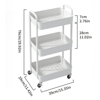 Sywhitta 3-tier Plastic Storage Trolley on Wheels, Kitchen Storage Utility Cart, Rolling Storage Rack for Bedroom, Bathroom, Office, White
