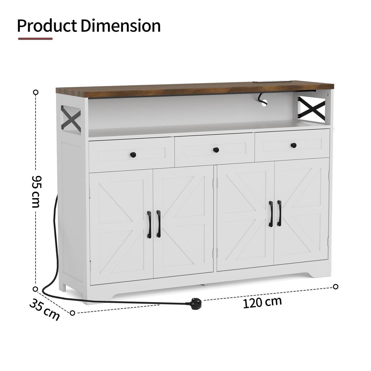BonVache Sideboards Cabinet with Power Outlets,Wooden Storage Sideboard with Adjustable Shelf,3 Drawers and Open Shelf,Buffet Cupboard for Living
