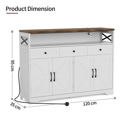 BonVache Sideboards Cabinet with Power Outlets,Wooden Storage Sideboard with Adjustable Shelf,3 Drawers and Open Shelf,Buffet Cupboard for Living