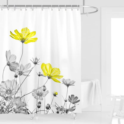 Kikiry Yellow Gray Shower Curtain 60''W x 72''L White Grey Flowers Wildflower Daisy Floral Ink Painting Botanical Simple Elegance Bathroom Curtains