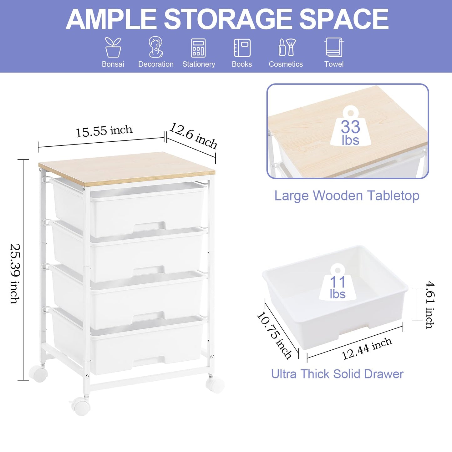 SYKIARIOL 4 Drawers Storage Trolley, Multipurpose Storage Drawer Unit with Lockable Wheels, Utility Rolling Storage Cart for Home Office Classroom,