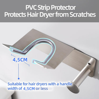 Hair Dryer Holder, Hairdryer Holder Wall Mounted for Bathroom, Stainless Steel Hairdryer Holder Station Adhesive or Drilling Installation