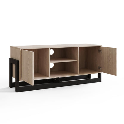 GFW Taite Oak 2 Door TV Unit, Modern TV Cabinet with Storage, Open Media Shelves and Black Metal Frame for TVs up to 50 Inches