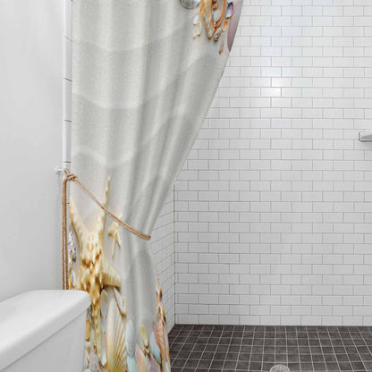 Woutay Shower Curtain Mould Proof Resistant Beach Shells,Water Repellant Fabric,Polyester,with 12 Plastic Hooks,Size 180x180CM