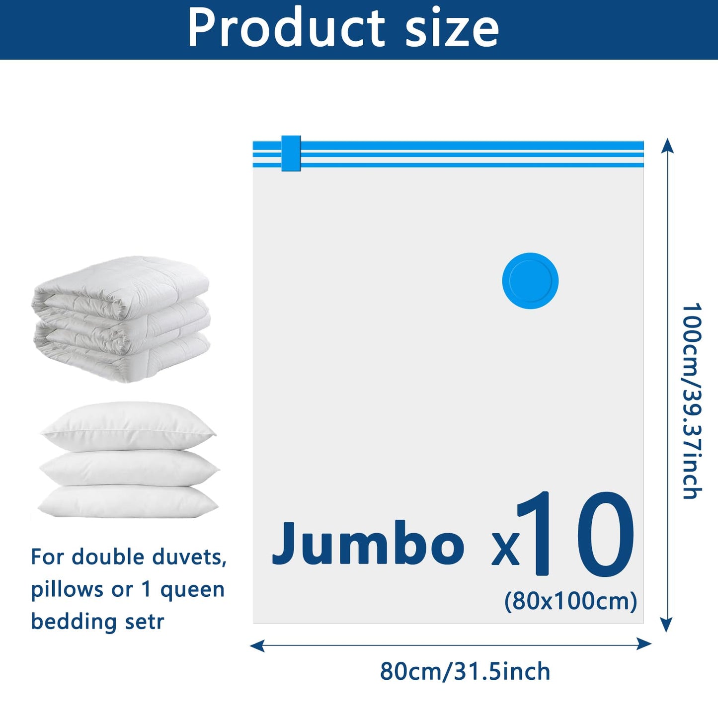 Vacuum Storage Bags - 10 Pack Jumbo (80X100cm) Space Saver Sealer Compression Bags, Reusable Vacuum Bags for Storage Clothes, Duvets, Bedding, Quilts