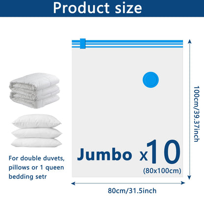 Vacuum Storage Bags - 10 Pack Jumbo (80X100cm) Space Saver Sealer Compression Bags, Reusable Vacuum Bags for Storage Clothes, Duvets, Bedding, Quilts