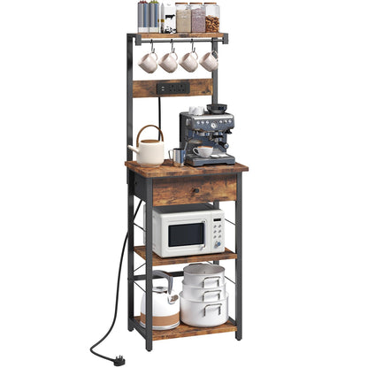 MAHANCRIS Bakers Rack, Microwave Stand, Coffee Bar Station, Kitchen Storage Shelf Rack with Drawer and Power Strip, 4 Hooks, for Kitchen, Living Room