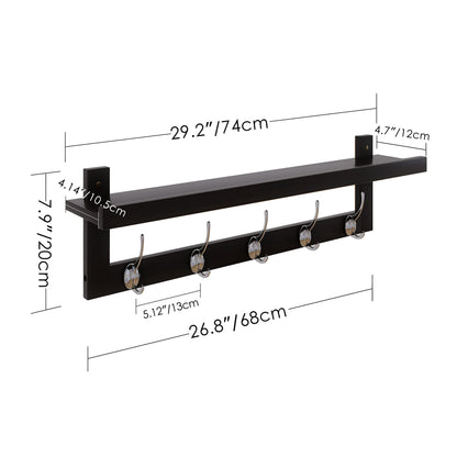 SMIBUY Coat Hooks with Shelf Wall-Mounted, 74 cm Entryway Coat Rack for Wall, Bamboo Hanging Shelf with 5 Double Metal Hooks for Bathroom, Bedroom
