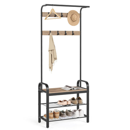VASAGLE Coat Rack, Coat Stand with Shoe Storage Bench, 4-in-1 Design, with 9 Removable Hooks, a Clothes Rail, for Hallway, Entrance, 34 x 72 x 183 cm,