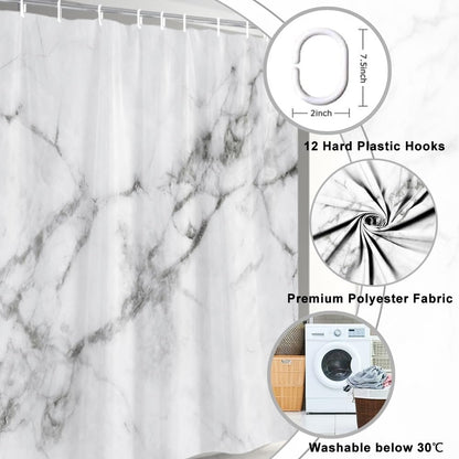 Uiiooazy White Marble Shower Curtain, Grey Effect Modern Bath Curtain Mildew and Mould Resistant Waterproof Polyester Fabric Washable Opaque Shower