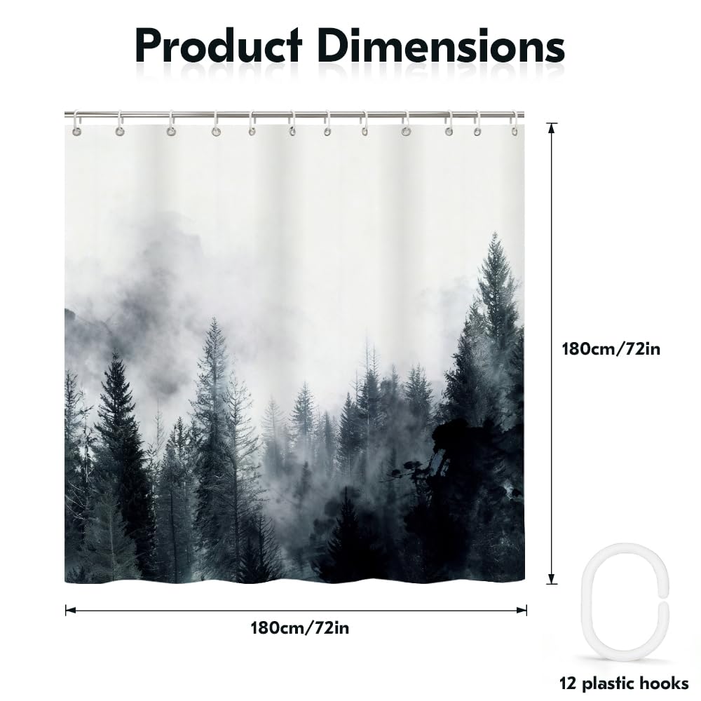 Rohxyzo Washable Shower Curtain with Hooks, Wet Room Shower Curtain 180 x 180 cm, Ink Art Misty Forest Print