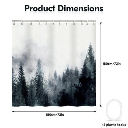 Rohxyzo Washable Shower Curtain with Hooks, Wet Room Shower Curtain 180 x 180 cm, Ink Art Misty Forest Print