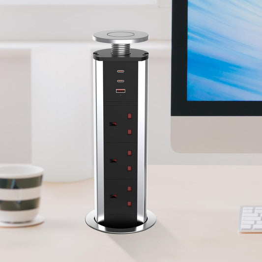 CURUK Pop Up Sockets for Kitchen Worktops with 3 USB Ports(2 Type C and 1 USB-A), 3 Plug Extension Recessed Desk Power Socket with 1.8M Cable for