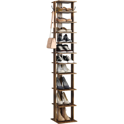 HOME BI 11-Tier Vertical Shoe Rack, Corner Shoe Tower, Slim Shoe Organizer with Two Hanging Hooks, Wooden Shoe Storage Stand for Entryway, Hallway