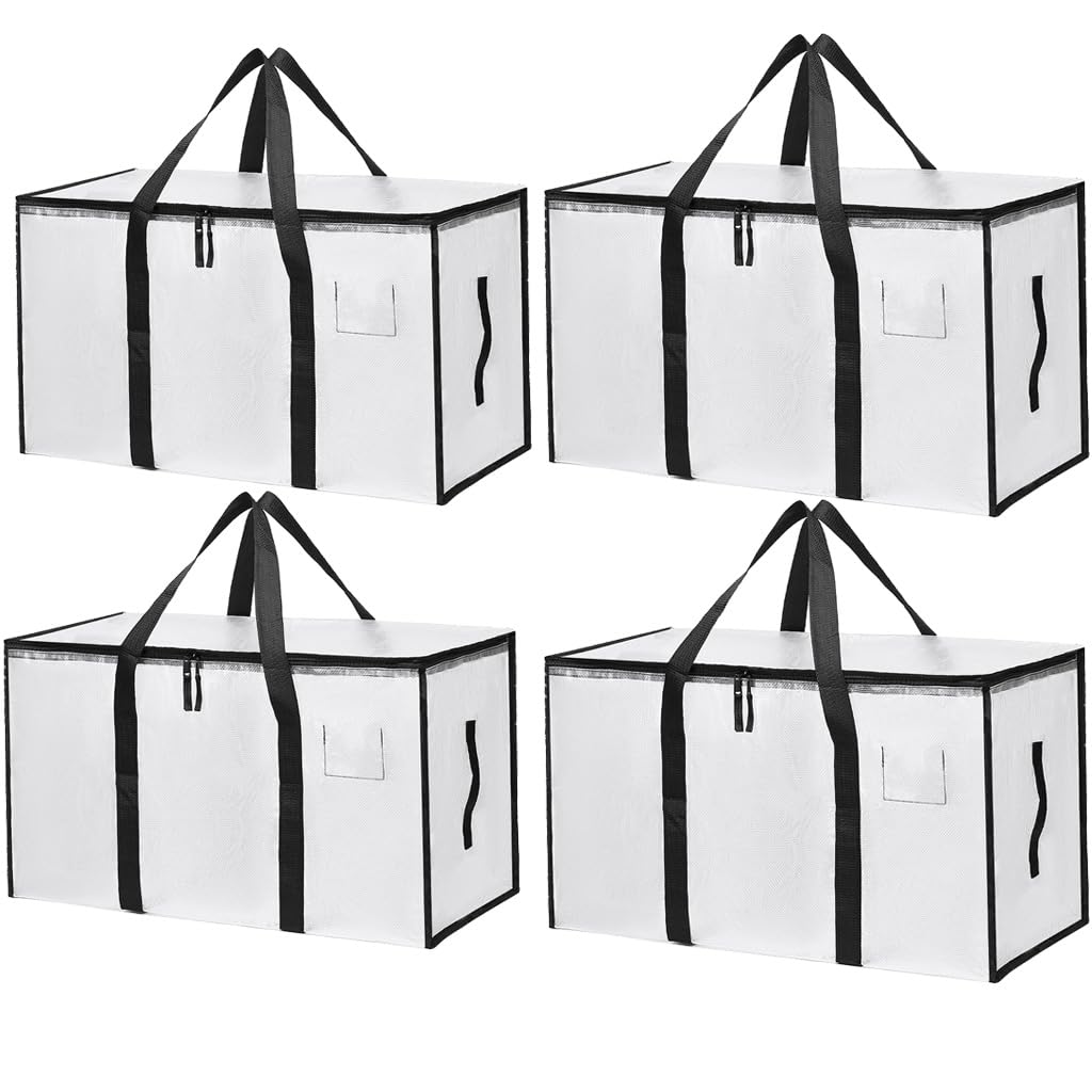 Mesiria 4 Pack 91L Clear Clothes Storage Bags with Lids, Heavy Duty Moving Bags with Zips & Reinforced Handles
