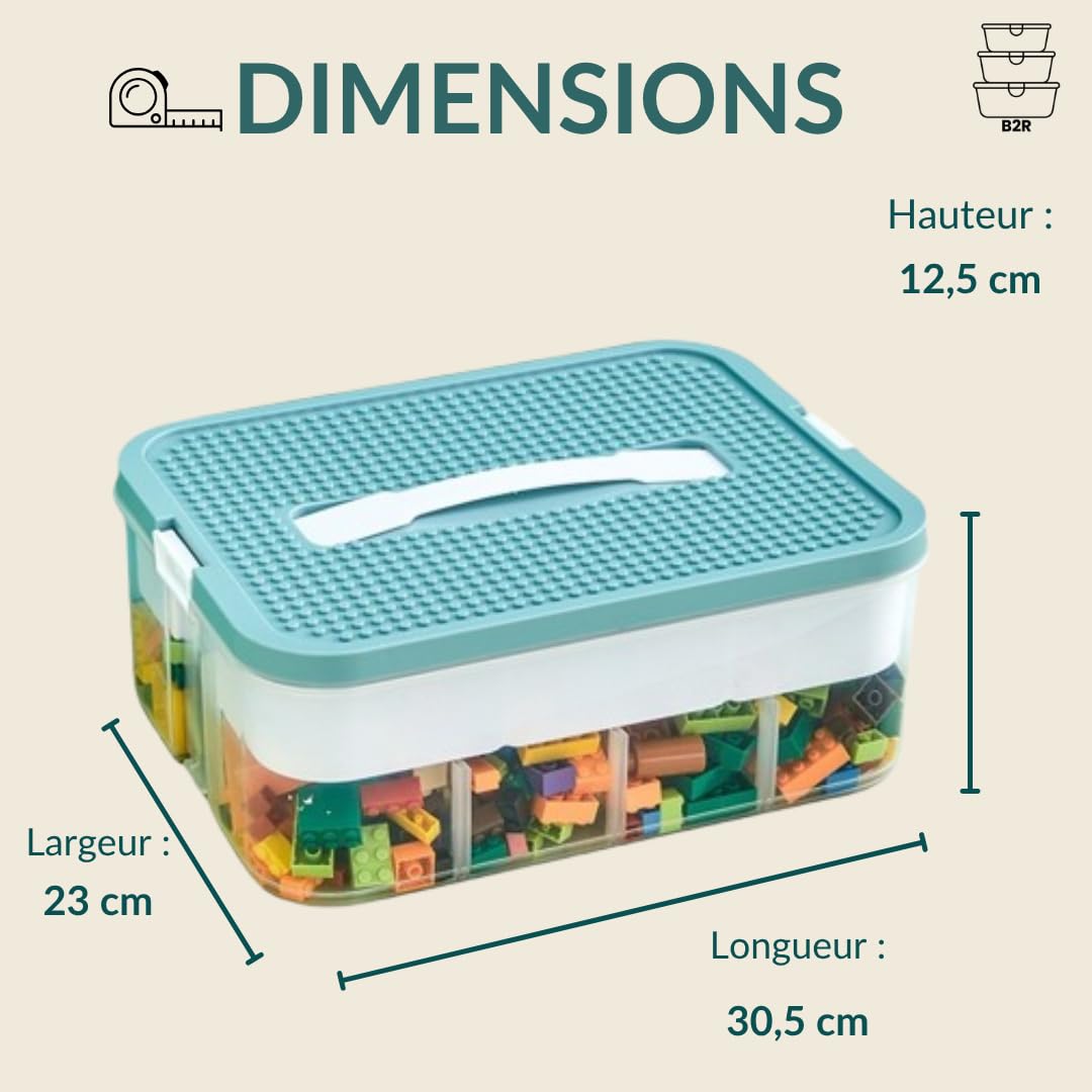 B2R Kids Toy Storage Box - 1 Tier Stackable for Lego - Plastic Organizer with Lid and Handle - Ideal for Toys, Small Rooms - Bedroom, School, Travel