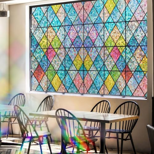 Beautysaid Rainbow Privacy Window Film: Stained Glass, No-Glue Frosted Window Film, Static Cling Film (Multicolor, 90x400cm
