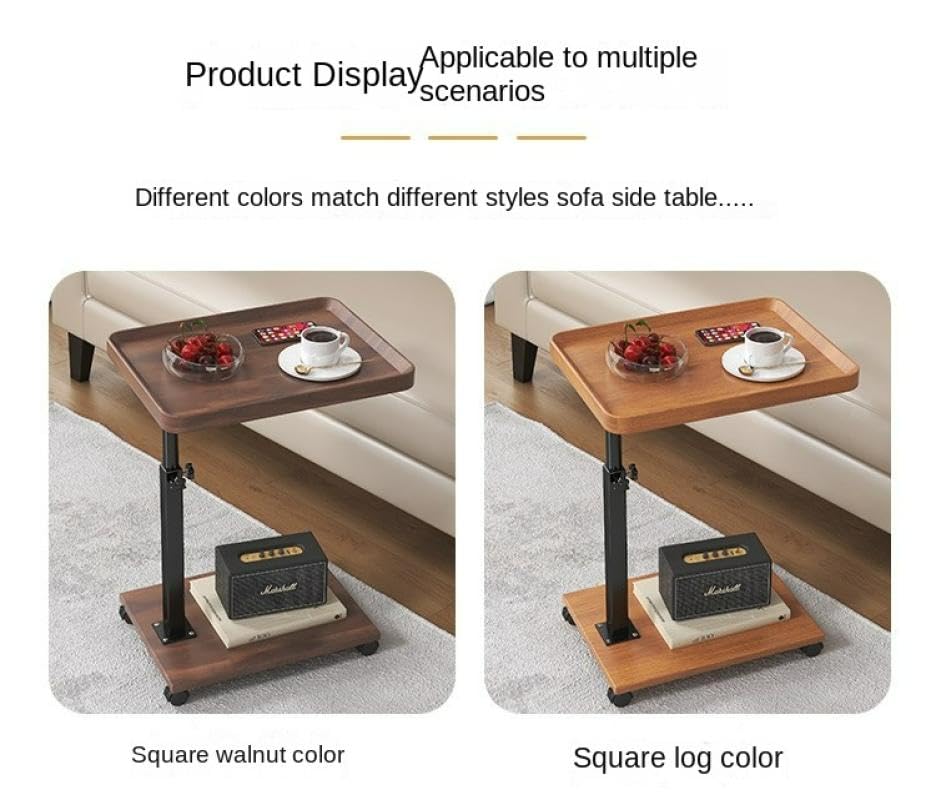 Gelory C-Shaped Side Table with 4 Wheels Adjustable Sofa End Tables, Wood