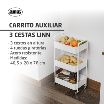 Amig – 3‑Tier kitchen trolley with castors Mod. LINN – Auxiliary steel shelving – White – Multipurpose trolley for kitchen, bathroom or office