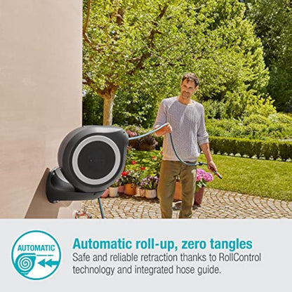 Gardena Wall-Mounted Hose Box Rollup M 20 m: Flexible Watering for Medium-Sized Gardens, Swivel Hose Reel, with Wall Bracket, System Parts and Nozzle, Including 20 m Gardena Hose (18612-20)